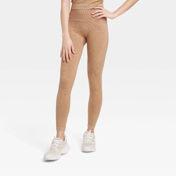 Medium - Womens High-Rise Ribbed Seamless 7/8 Leggings - JoyLab - Tan - Picture 7 of 10
